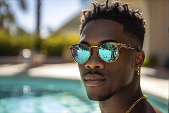 Portrait of a young man with modern vibrant sunglasses with sandy beach in background, AI generated