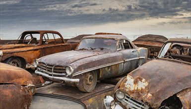 Abandoned and rusted cars on a junkyard with cloudy sky in the background, symbol photo, AI