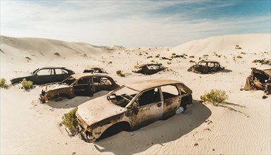 Rusty, abandoned cars, partially buried in the sand of a vast desert, symbolic photo, AI generated,