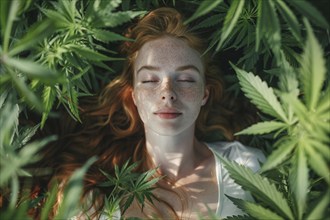 Top view, portrait, young woman lying relaxed in a hemp field, surrounded by hemp leaves, cannabis,