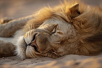 Male lion sleeping on desert sand ground. Generative AI, AI generated