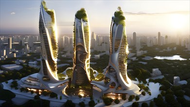 Futuristic skyscraper with termite mounds for natural ventilation and energy efficiency, AI