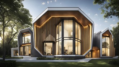 Modern residential house inspired by honeycomb hexagonal patterns, AI generated