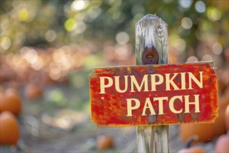 Wooden sign with text 'Pumpkin patch' with orange pumpkins in background. Generative AI, AI