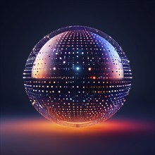 3D rendering of an abstract digital sphere composed of dots with a gradient background, AI