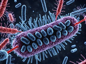 Three dimensional render of a tuberculosis bacteria in an organism, AI generated