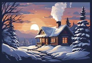 Snow-covered cottage in a serene winter scene in vector style, AI generated