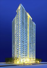 Three dimensional rendering of an illuminated modern high-rise office building, AI generated