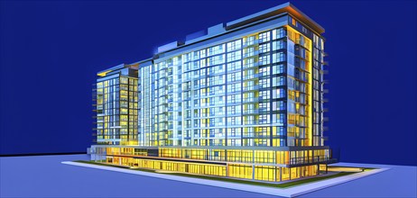 Three dimensional rendering of an illuminated modern high-rise office building, AI generated