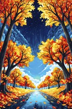 Vibrant depiction wallpaper illustration of trees in transition between autumn and winter, AI