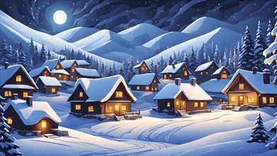 Cozy winter night scene with abstract forms representing a snow-covered village, AI generated