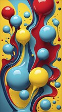 Abstract image with vibrant blue and red blobs and liquid shapes on a yellow background, AI