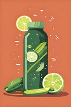 Abstract wallpaper composition with bottle of delicious green detox juice and fruits and