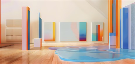 Art gallery with canvas and plastics in a 3D illustration, AI generated