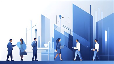 Vector illustration showcasing miniature business figures embodying team collaboration engaged in