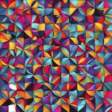 Abstract geometric patchwork illustration with vibrant intersecting geometric shapes filled with