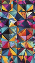 Abstract geometric patchwork illustration with vibrant intersecting geometric shapes filled with