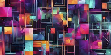 Abstract geometric patchwork illustration with vibrant intersecting geometric shapes filled with