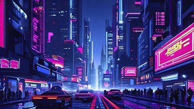 Pixel art of a cyberpunk city scape at night with neon infused skyline, AI generated