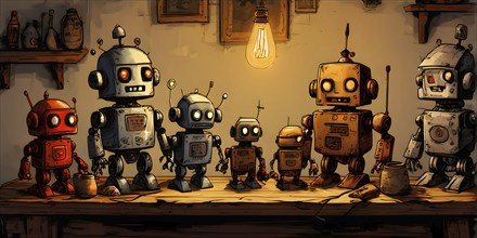 Team of robots styled as vintage toys poised atop an antique wooden table, AI generated