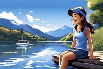 Cartoon vector illustration of a teen girl at a tranquil mountain lake, AI generated