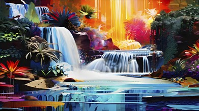 Abstract mixed media collage with a waterfall cascading over diverse textures, AI generated