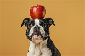 Funny dog with apple fruit on head in front of studio background. Generative AI, AI generated