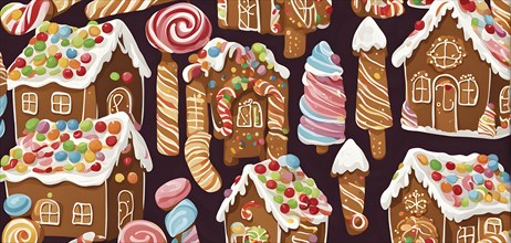 Abstract wallpaper illustration of of gingerbread house decoration, AI generated