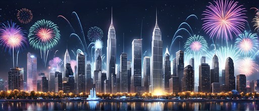 Wallpaper illustration of a cityscape on New Year's Eve, with glowing skyscrapers and floating