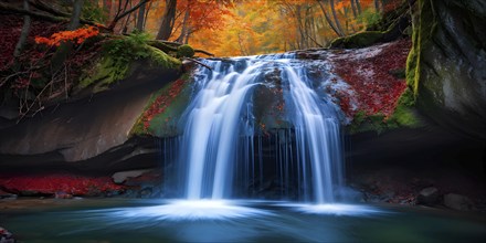 Waterfall in a forest in autumn with vibrant leaves, AI generated