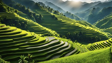 Early morning light bathes Philippines rice terraces cascading down mountain slopes, AI generated