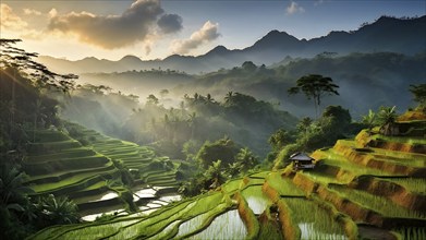 Early morning light bathes Philippines rice terraces cascading down mountain slopes, AI generated