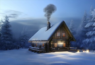 Peaceful winter cabin in the woods, with smoke rising from the chimney, AI generated