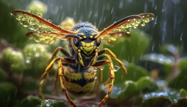 Close up of a wasp glistening with delicate raindrops on its wings, AI generated