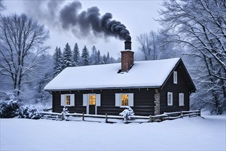 Snow-covered cottage with smoke from the chimney in a cozy and serene winter scene, AI generated