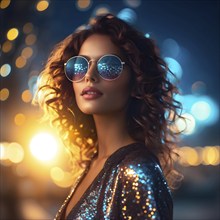 Woman with sun glasses standing against sparkling bokeh lights at night, AI generated