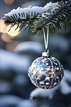 Set of Christmas ornaments hanging on a snow-covered pine tree branch, with frost clinging to the