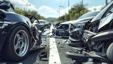 Close-up of car wrecks after a road accident, AI generated