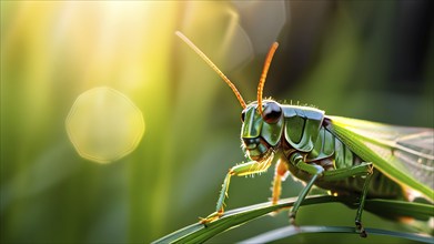 Close up of a grasshopper with blurred background in soft diffused light, AI generated