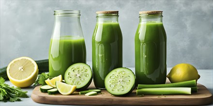 Bottle of vibrant green detox juice surrounded by green fruit and vegetables, AI generated