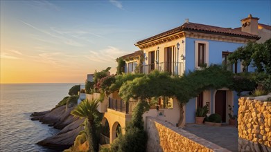 Mediterranean house in an idyllic coastal village bathed in golden hour light, AI generated