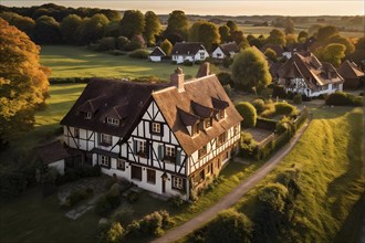 Traditional half timbered house nestled within the heart of a picturesque village in golden hour