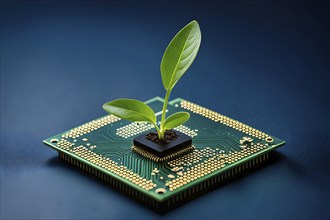 Plant growing on a computer chip representing digital ecology business, AI generated