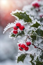 Frosty holly branch with vibrant red berries covered in delicate ice crystals, symbol for upcoming