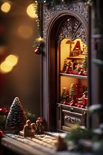 Traditional advent calendar door opening, showing a tiny festive scene inside with miniature