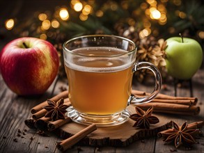 Steaming apple cider in a glass mug, garnished with a cinnamon stick and star anise, surrounded by