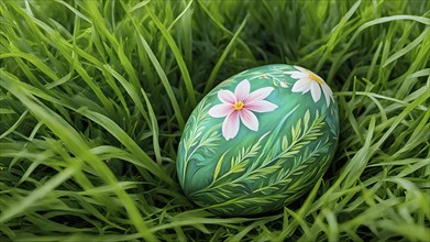 Painted Easter egg nestled in a bed of fresh green grass, showing intricate hand-painted floral