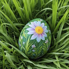 Painted Easter egg nestled in a bed of fresh green grass, showing intricate hand-painted floral