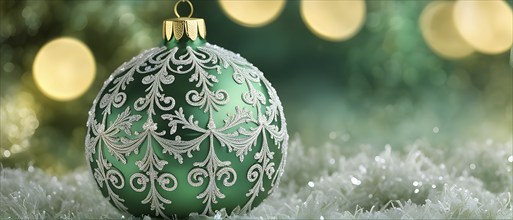 Close up of a frosted green Christmas ornament, detailed with tiny ice crystals, delicate carvings,