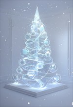 A three dimensional rendering of a futuristic Christmas tree made of glowing, semi-transparent